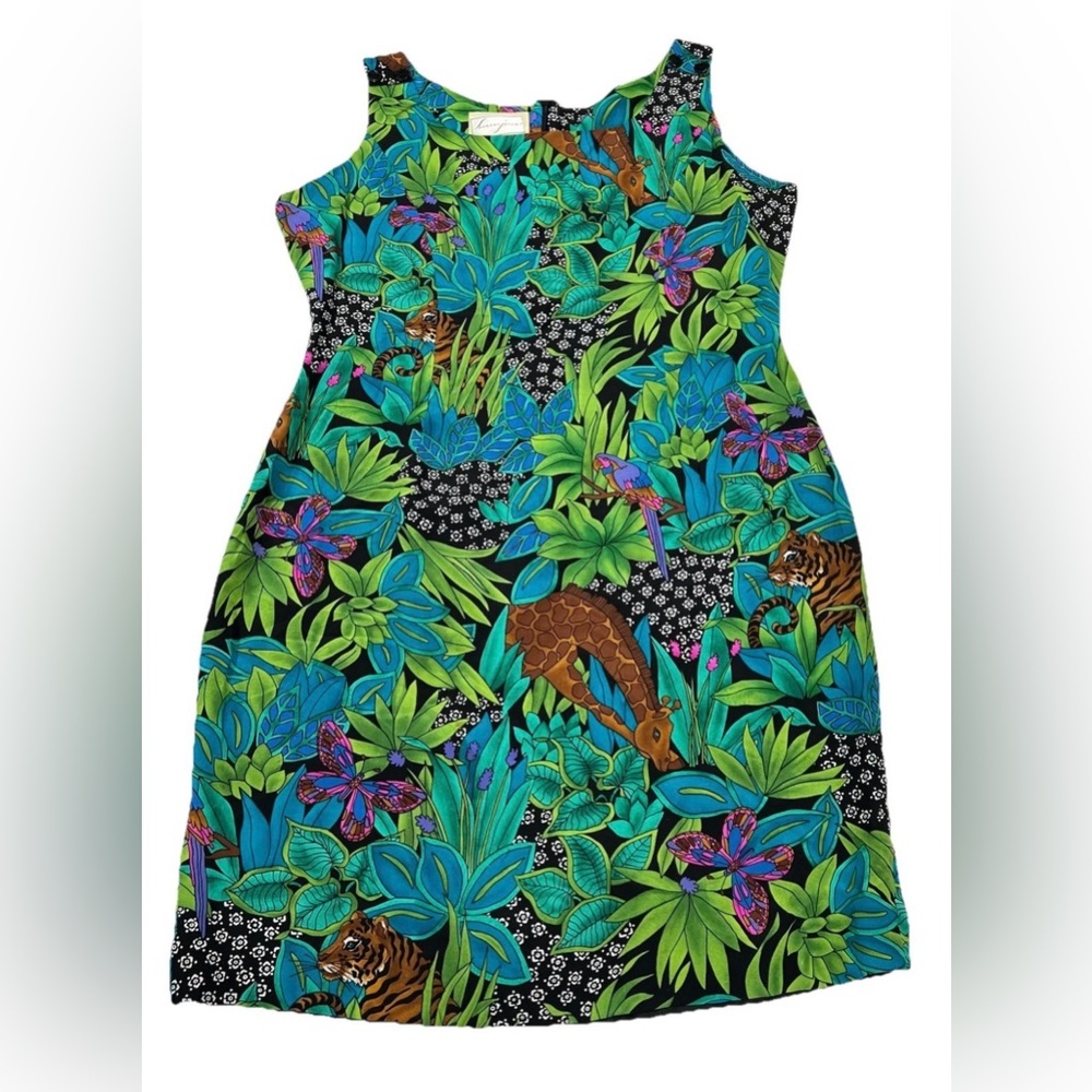 VTG SPENSER JEREMY Size 14 Tropical 100% Silk Midi Dress Jungle Animal Print